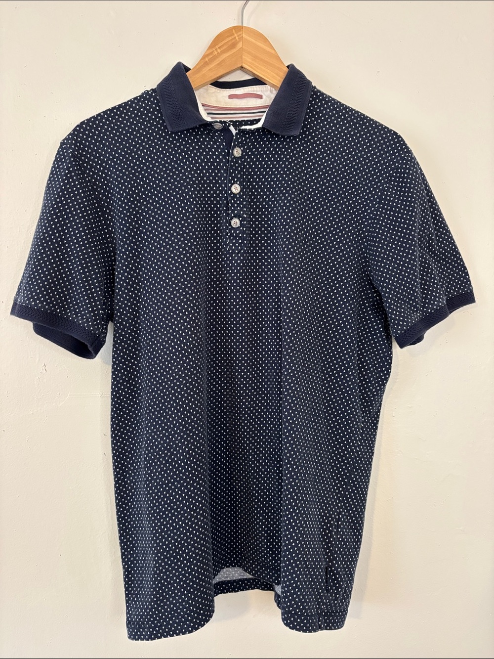 Ted Baker London Navy Polo with White Micro Triangle Pattern Size 5